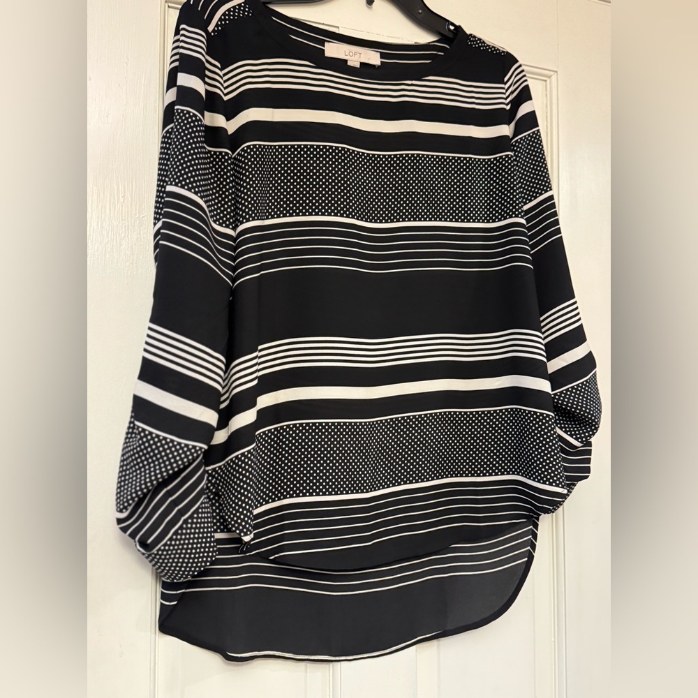 LOFT Striped and Dotted Black‎ White Blouse